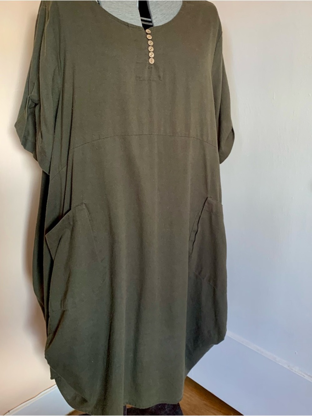 Plus Size Lagenlook Lantern Dress Olive Green Linen Cotton Loose Comfy Pockets